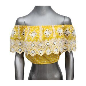 Miguelina NWT Dakota Off Shoulder Lace Embroidered Yellow White Crop Top Small
